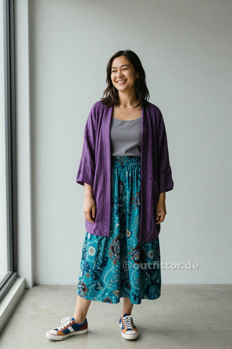 Colorful synthetic sneakers, lilac coat with braided pattern and petrol long skirts with batik pattern — Outfit #321