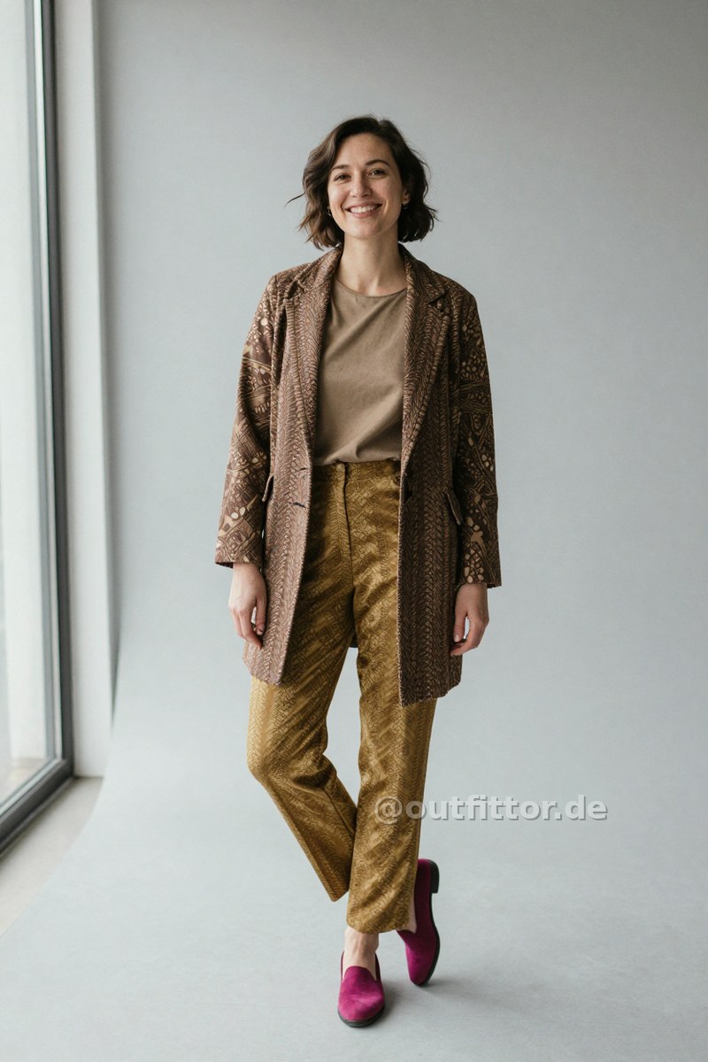 Gold trousers with nordic pattern, brown coat with batik pattern and magenta nappa leather shoes — Outfit #222