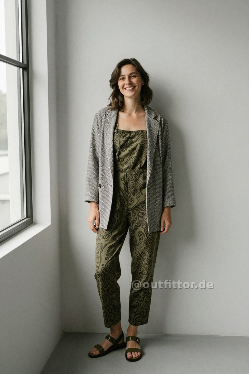 White jacket with houndstooth pattern, olive synthetic patent sandals and olive overalls with oriental pattern — Outfit #322