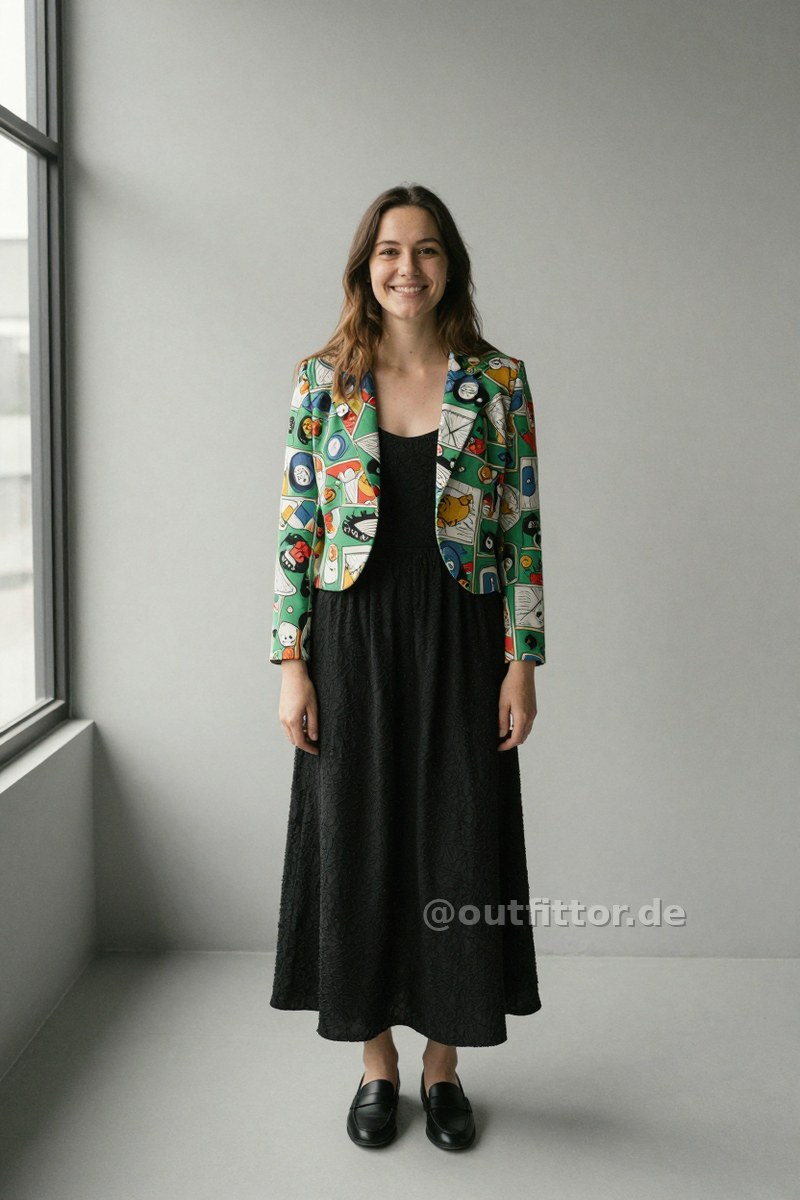 Green jacket with cartoons & comics pattern, black long skirts with textured pattern and black synthetic fiber loafers — Outfit #323