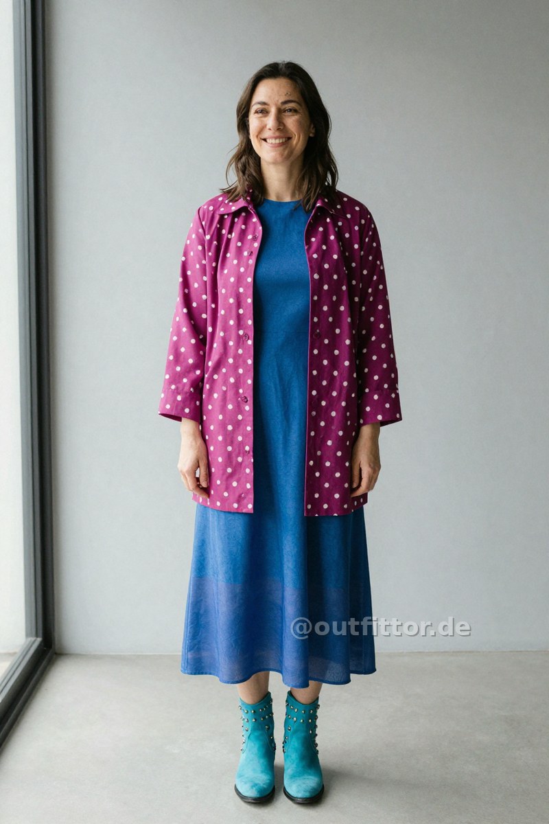 Magenta jacket with polka dot pattern, turquoise lambskin boots and blue long skirts with gradient pattern — Outfit #324
