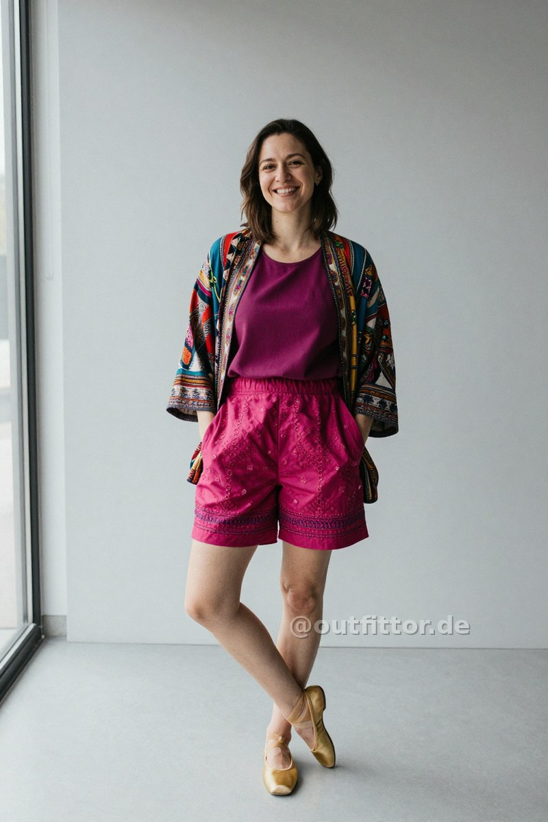 Colorful jacket with ethnic pattern, magenta skorts with embroidered pattern and gold neoprene ballet flats — Outfit #225