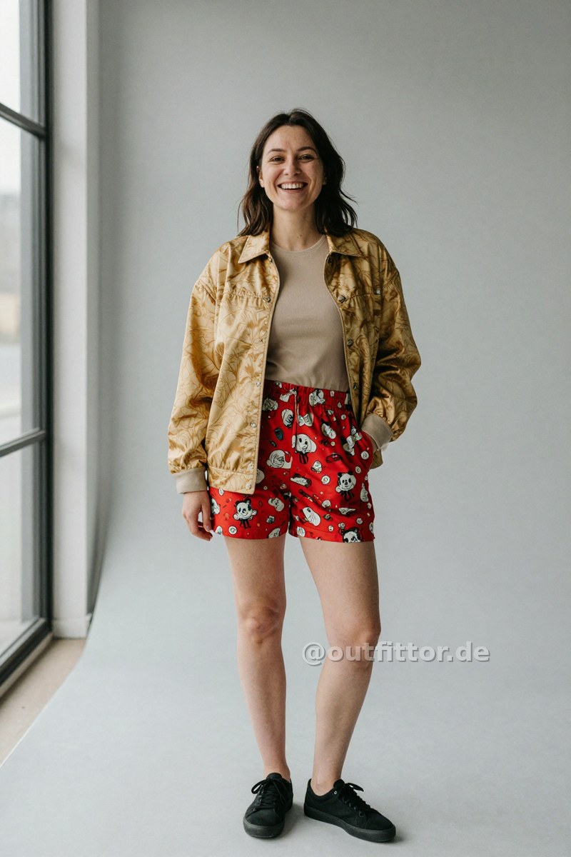 Gold jacket with marbled pattern, black canvas sneakers and red shorts with cartoons & comics pattern — Outfit #226
