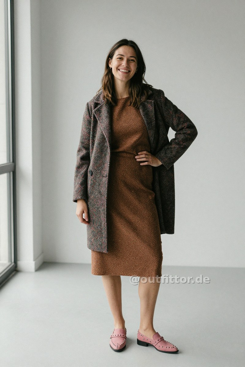 Colorful coat, pink nappa leather shoes and bronze knee-length skirts with textured pattern — Outfit #326