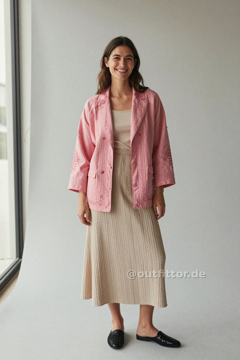 Pink jacket with embroidered pattern, black nappa leather shoes and beige long skirts with braided pattern — Outfit #227