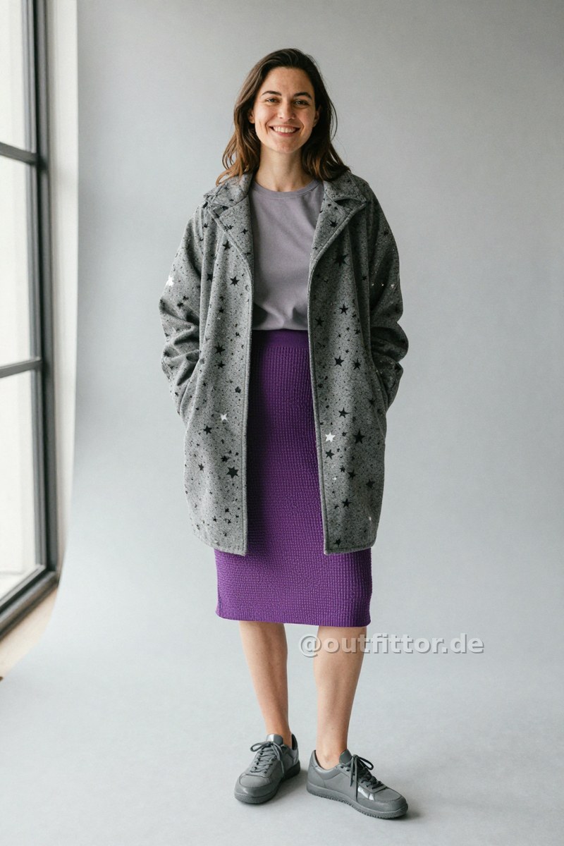 Lilac skirt with waffle pattern, grey patent sneakers and grey coat with stars pattern — Outfit #242