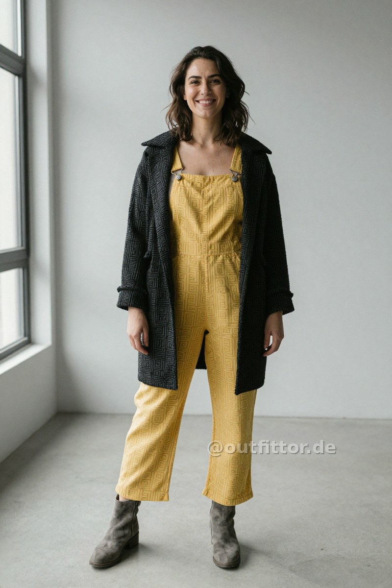 Grey lambskin boots, black coat with geometric pattern and yellow overalls with geometric pattern — Outfit #342