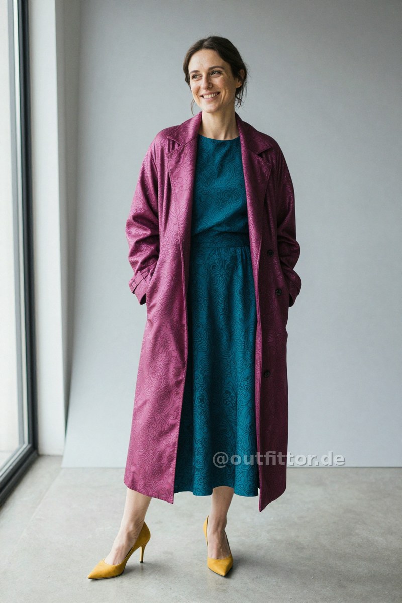 Magenta coat with metallic pattern, petrol long skirts with ornamental pattern and yellow nappa leather pumps — Outfit #243