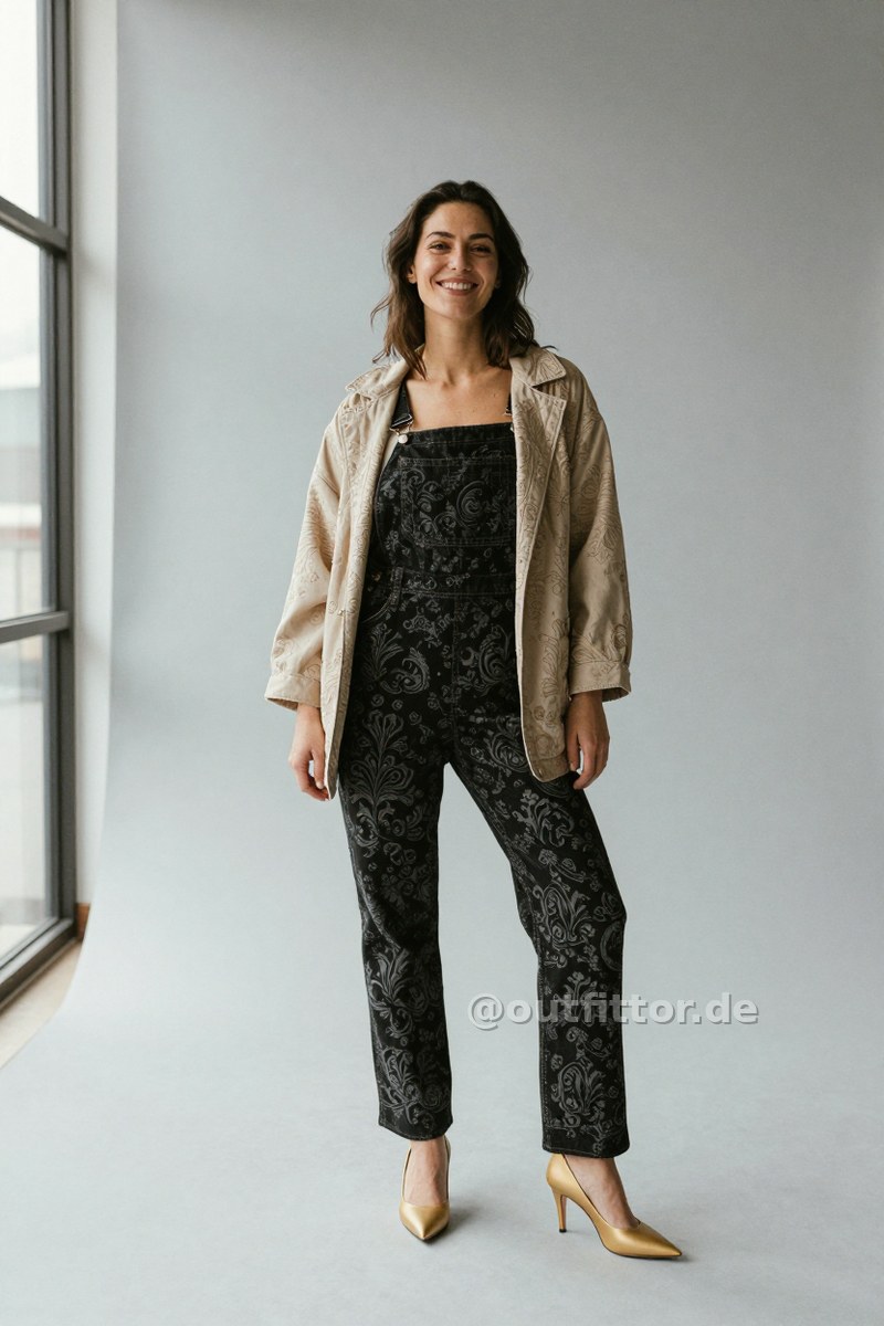 Beige jacket with embroidered pattern, black overalls with ornamental pattern and gold polyurethane pumps — Outfit #343