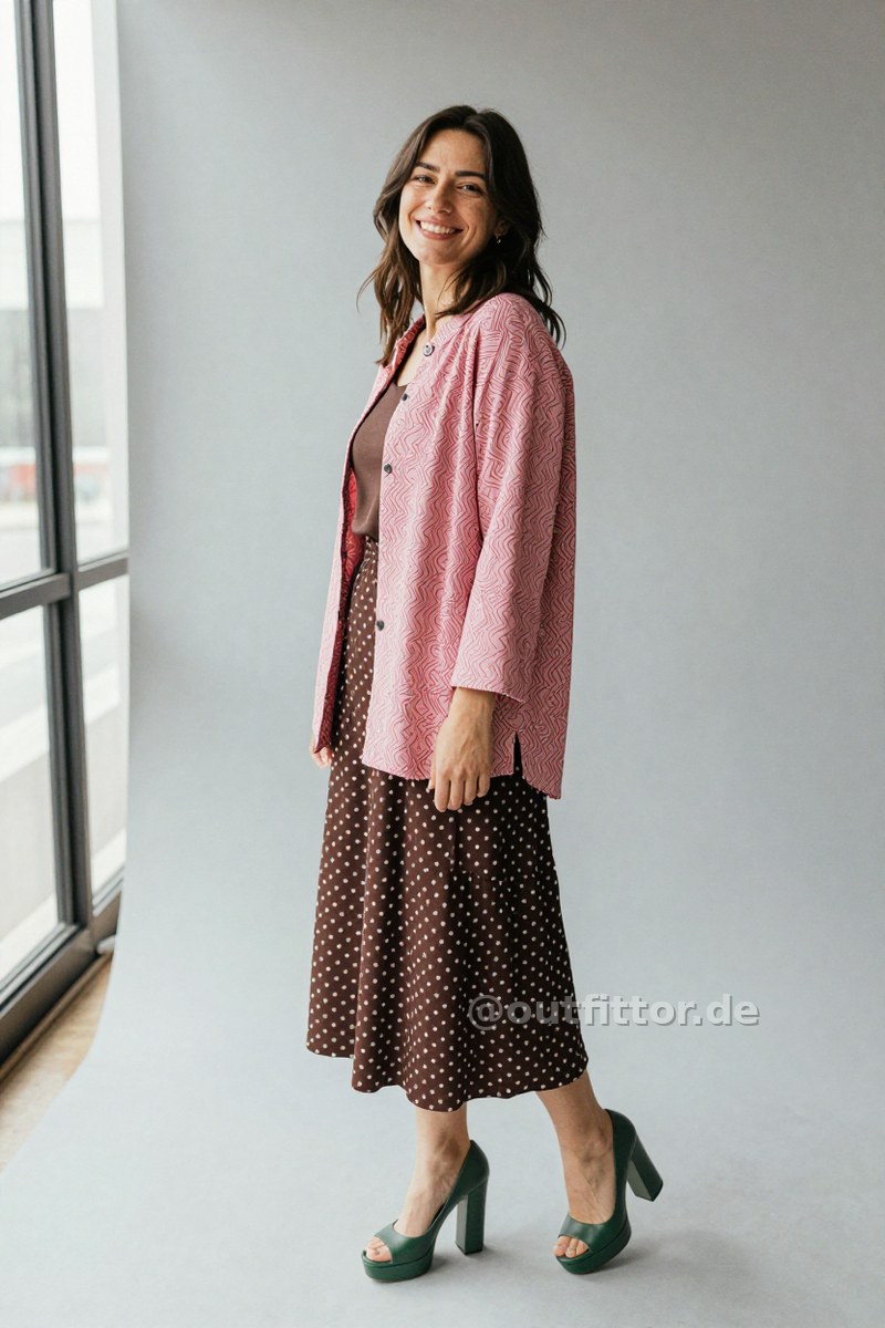 Pink jacket with wave pattern, brown long skirts with polka dot pattern and green rubber pumps — Outfit #244