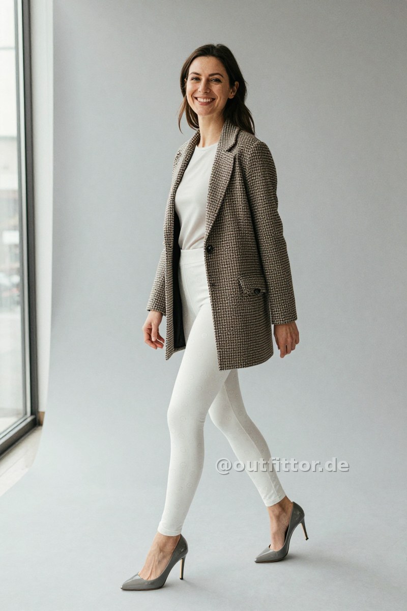Beige jacket with houndstooth pattern, grey synthetic patent high heels and white leggins with circles pattern — Outfit #344