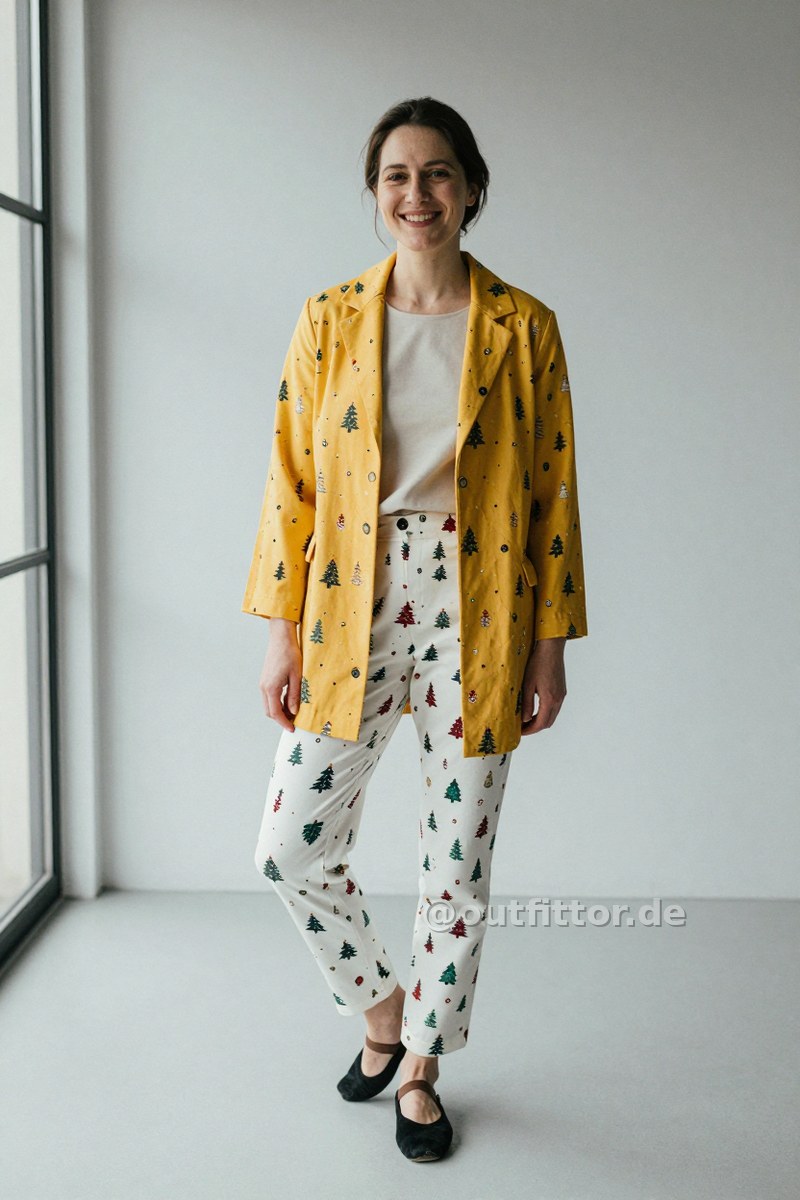 Yellow jacket with christmas print pattern, white trousers with christmas print pattern and black suede ballet flats — Outfit #245