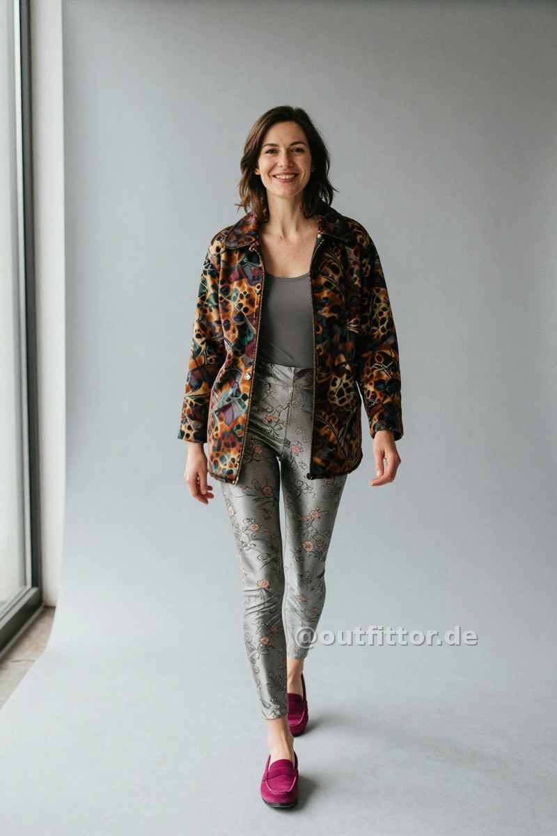 Colorful jacket with tortoiseshell pattern, silver leggins with floral pattern and magenta cotton loafers — Outfit #345