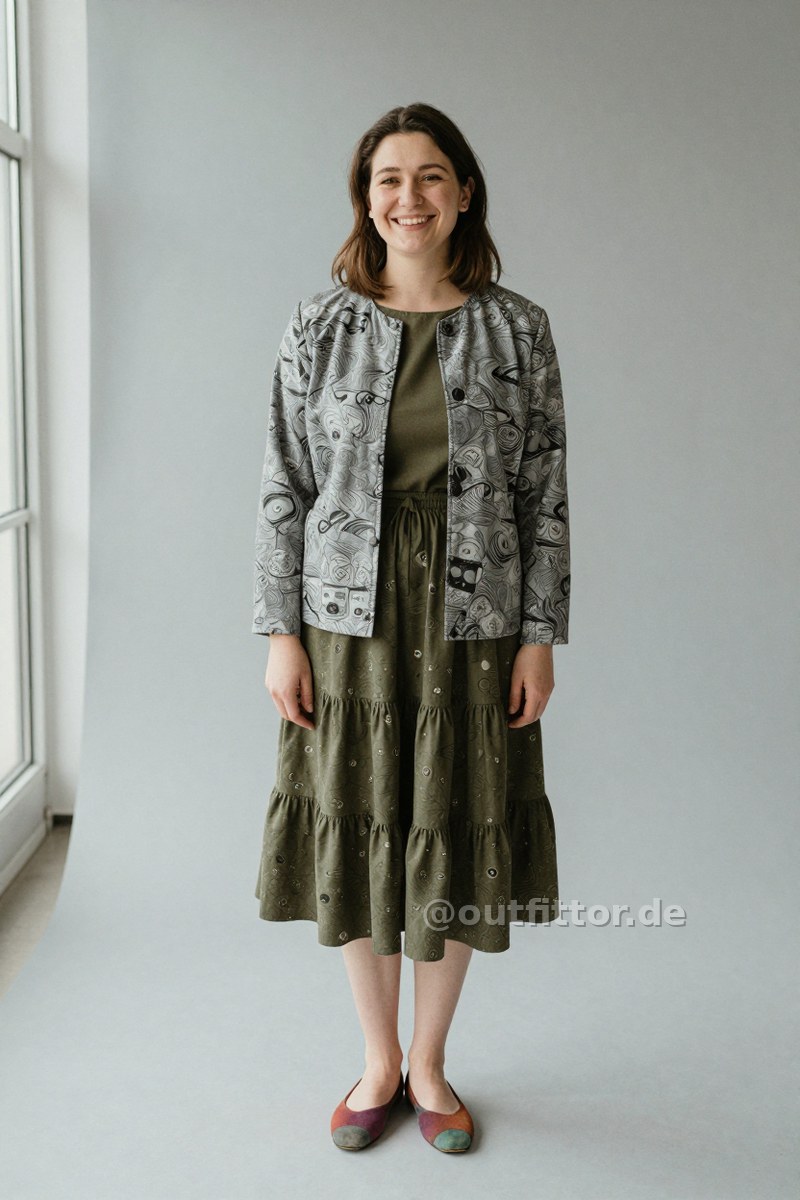 Grey jacket with marbled pattern, olive knee-length skirts with cartoons & comics pattern and colorful suede ballet flats — Outfit #246