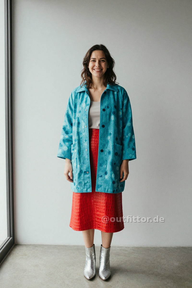 Turquoise jacket with circles pattern, red skirt with croc print pattern and silver straw/raffia boots — Outfit #346