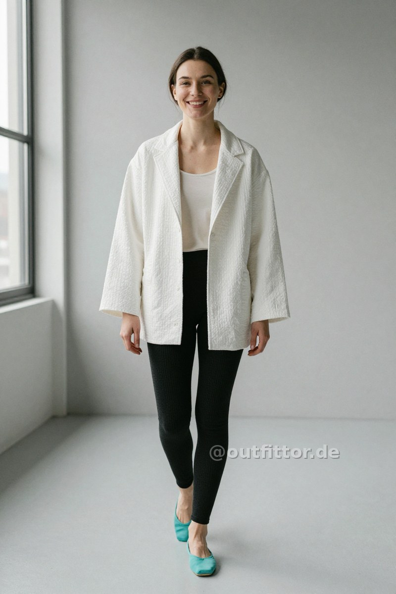 White jacket with textured pattern, black leggins with waffle pattern and turquoise cotton ballet flats — Outfit #347