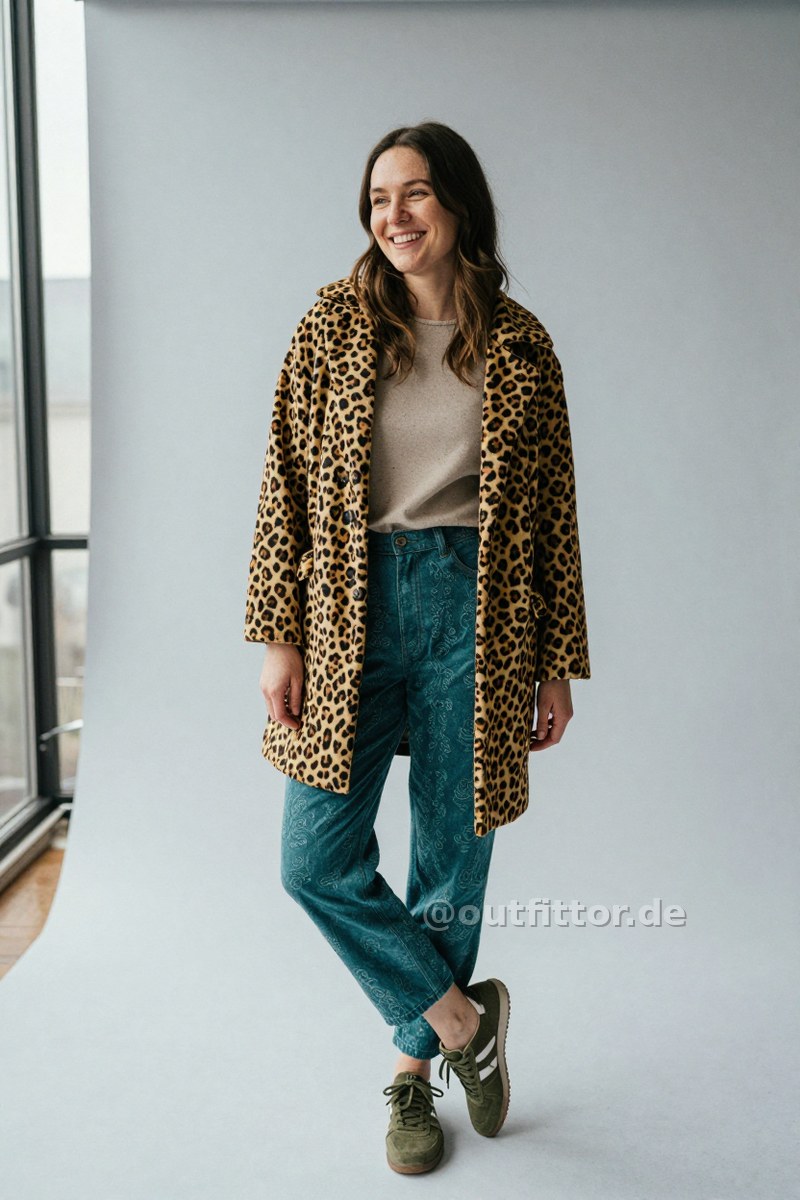 Petrol trousers with embroidered pattern, olive suede sneakers and yellow coat with leopard print pattern — Outfit #348