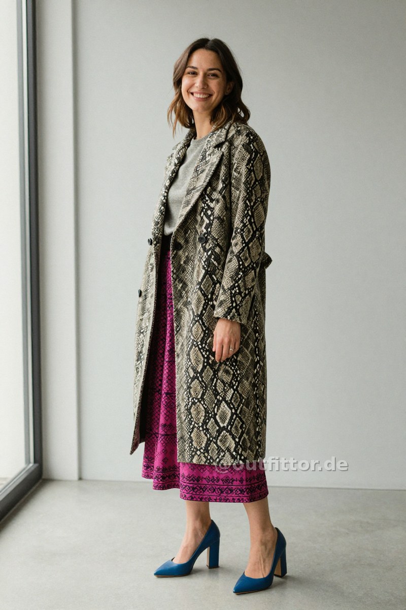Olive coat with snake print pattern, magenta long skirts with nordic pattern and blue smooth leather pumps — Outfit #249
