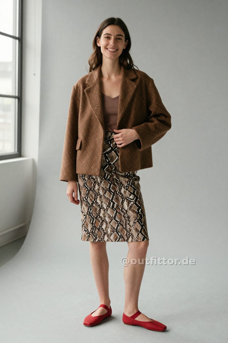 Brown jacket with diamond pattern, brown knee-length skirts with snake print pattern and red synthetic/rubber ballet flats — Outfit #349