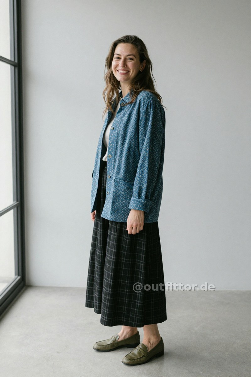 Blue jacket with print pattern, black long skirts with square pattern and olive faux leather loafers — Outfit #250