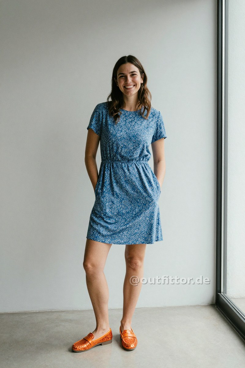 Blue dress with circles pattern and orange sequins loafers — Outfit #352