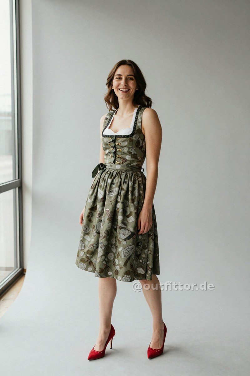 Olive dirndl dress with rock-style print pattern and red suede pumps — Outfit #353