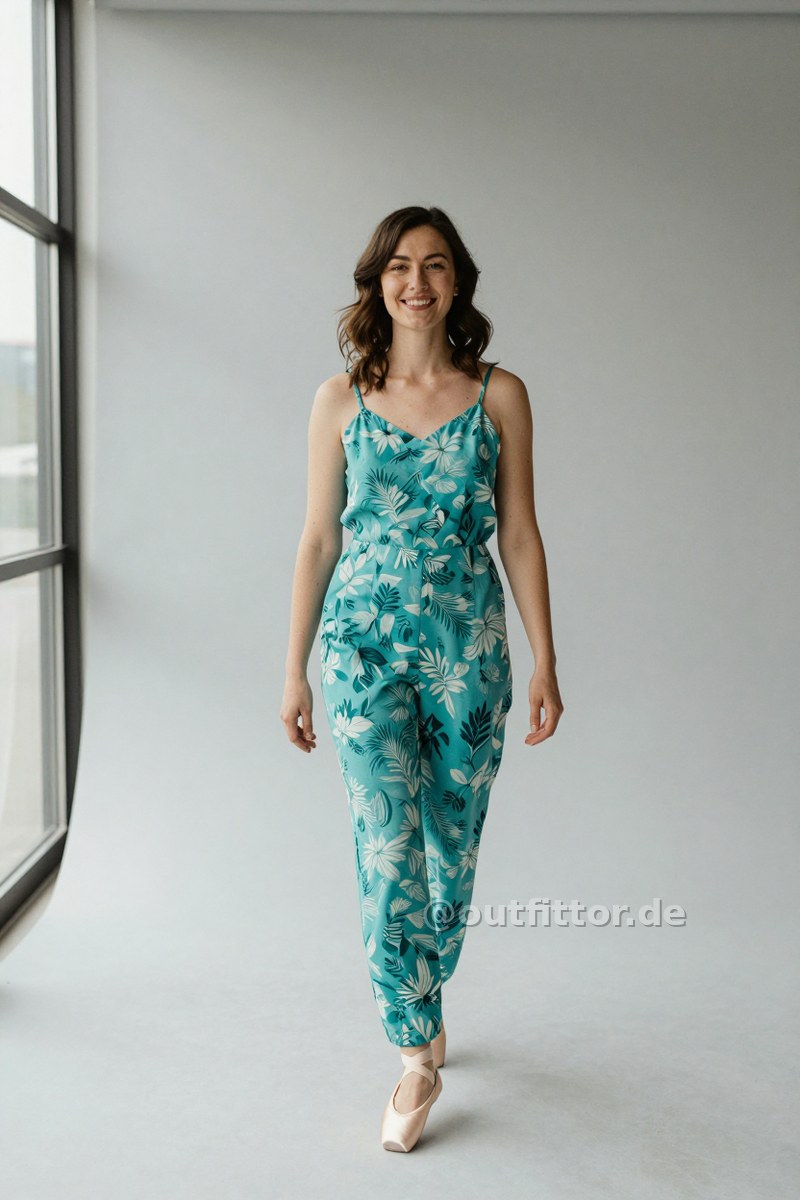 Turquoise jumpsuit with nature print pattern and pink synthetic patent ballet flats — Outfit #254