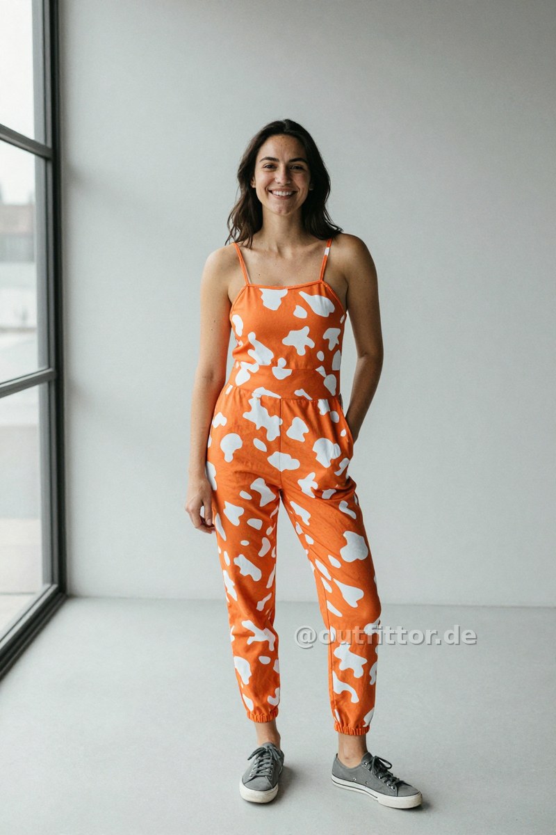 Orange jumpsuit with cow print pattern and grey canvas shoes — Outfit #354