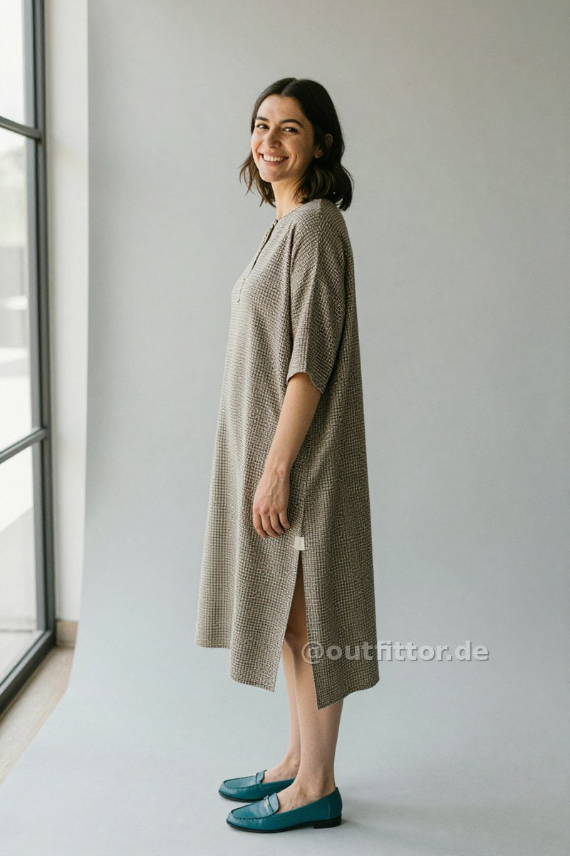 Beige tunic with houndstooth pattern and petrol leather loafers — Outfit #356