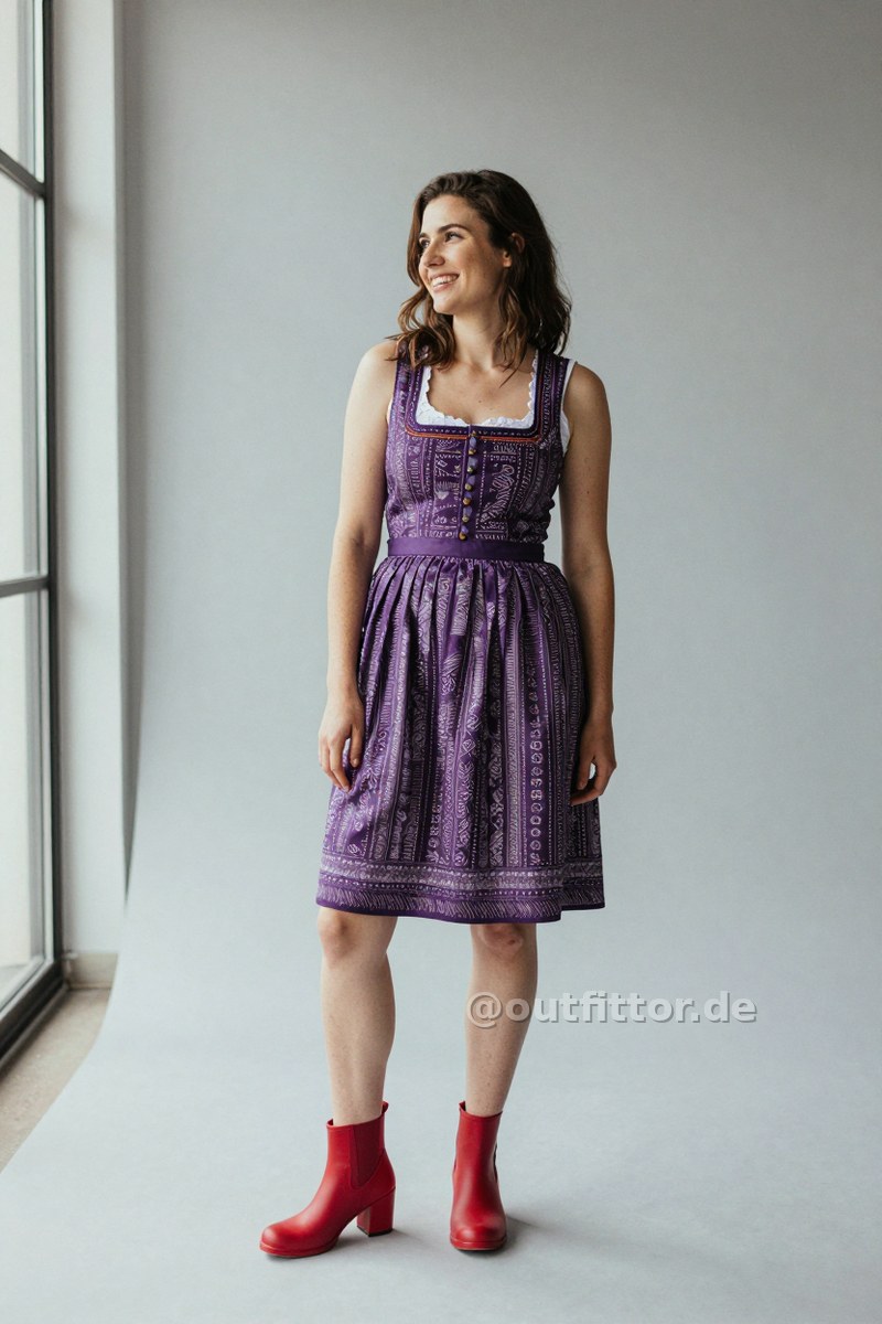 Lilac dirndl dress with ethnic pattern and red rubber pumps — Outfit #357
