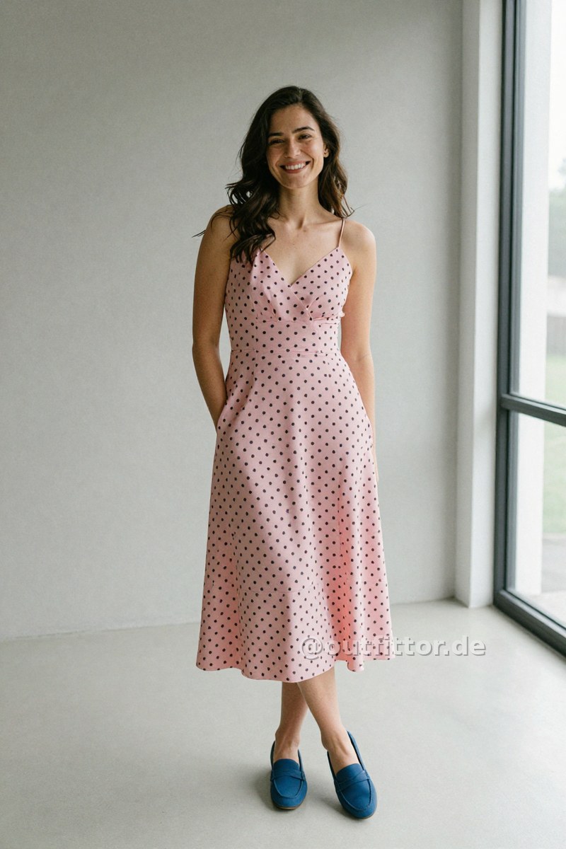 Pink dress with polka dot pattern and blue neoprene loafers — Outfit #258
