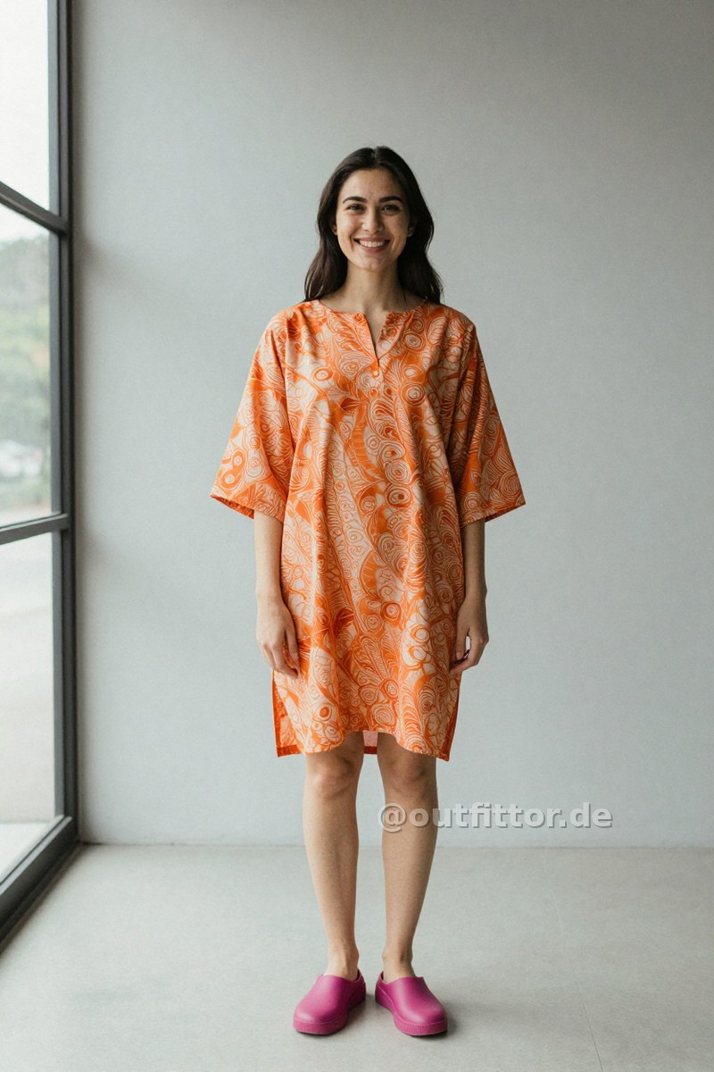 Orange tunic with batik pattern and magenta synthetic/rubber shoes — Outfit #358