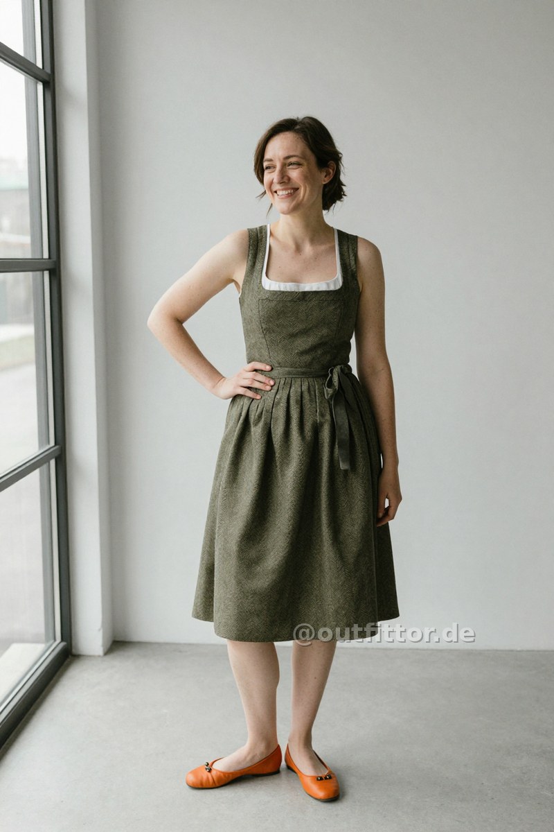 Olive dirndl dress with herringbone pattern and orange faux leather ballet flats — Outfit #259