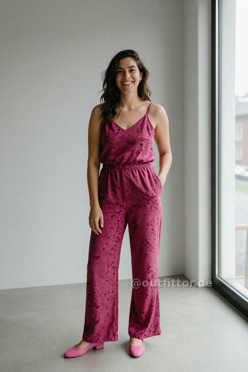 Magenta jumpsuit with tortoiseshell pattern and magenta polyurethane shoes — Outfit #359