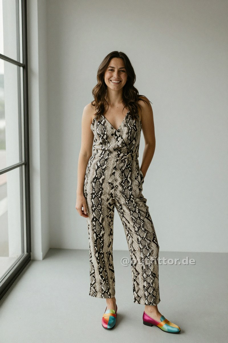 Beige jumpsuit with snake print pattern and colorful satin loafers — Outfit #360