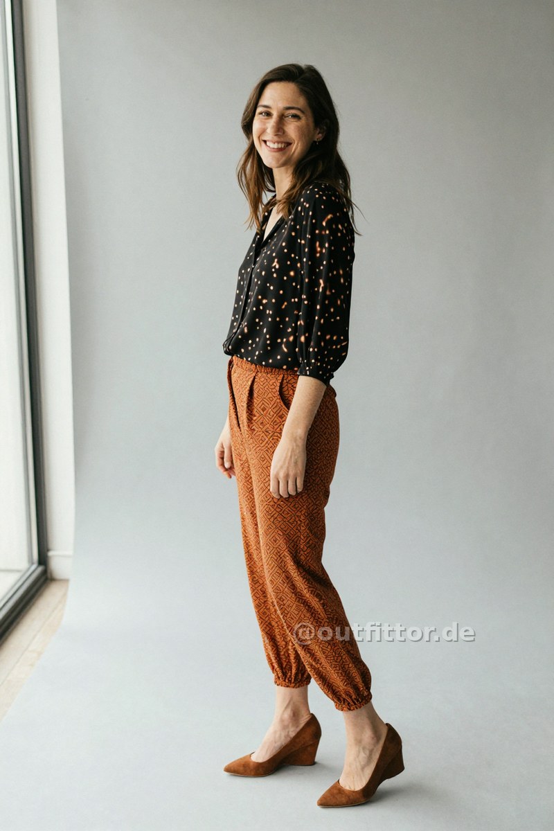Orange trousers with geometric pattern, black blouse with tortoiseshell pattern and bronze lambskin pumps — Outfit #262