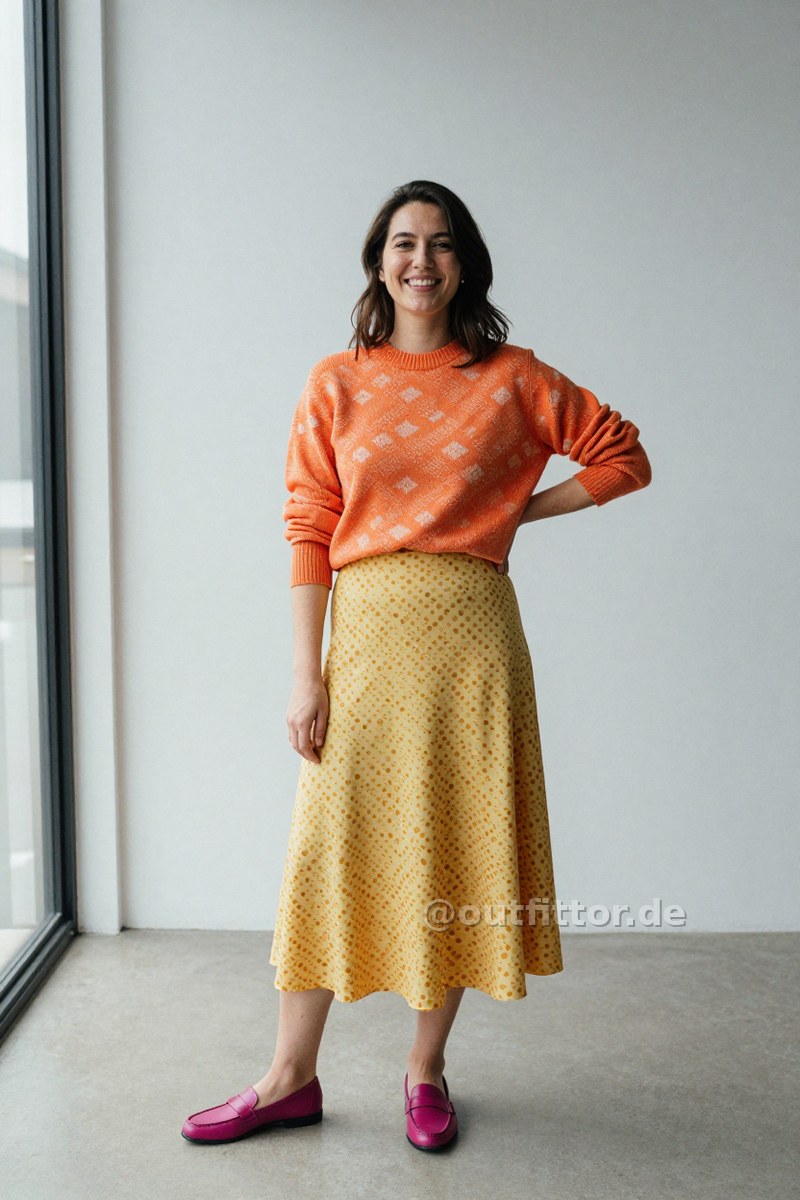 Orange sweater with print pattern, yellow long skirts with tortoiseshell pattern and magenta leather loafers — Outfit #362