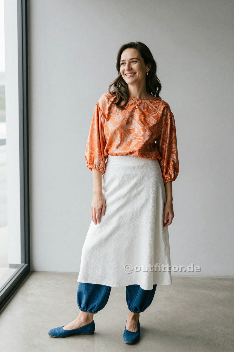 Orange blouse with metallic pattern, blue denim shoes and white long skirts with wave pattern — Outfit #363