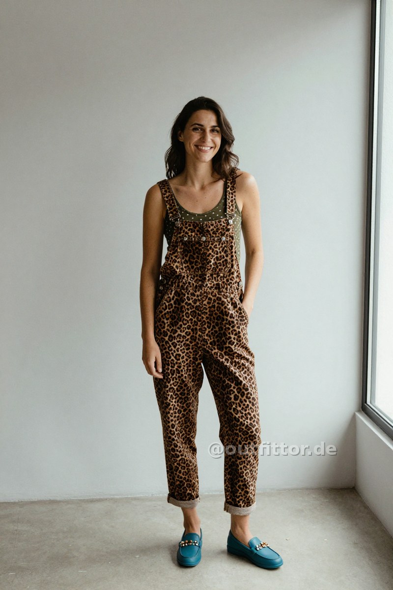 Olive tanktop with polka dot pattern, brown overalls with leopard print pattern and petrol rubber loafers — Outfit #264