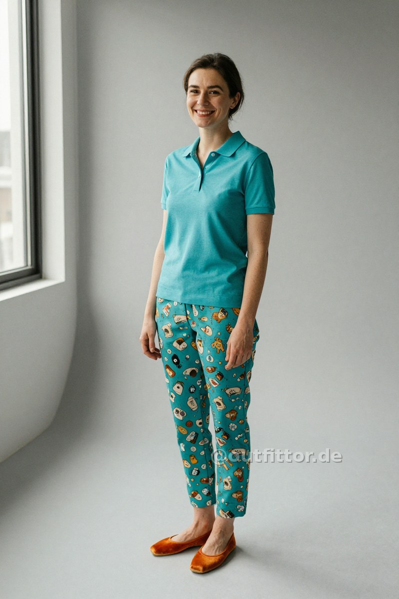 Petrol trousers with cartoons & comics pattern, turquoise polo shirt with heather pattern and orange velvet ballet flats — Outfit #364