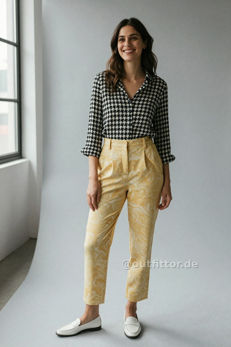 Yellow trousers with marbled pattern, black blouse with houndstooth pattern and white synthetic fiber loafers — Outfit #266