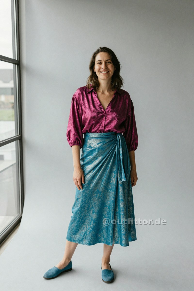 Magenta blouse with metallic pattern, petrol denim shoes and turquoise long skirts with metallic pattern — Outfit #366