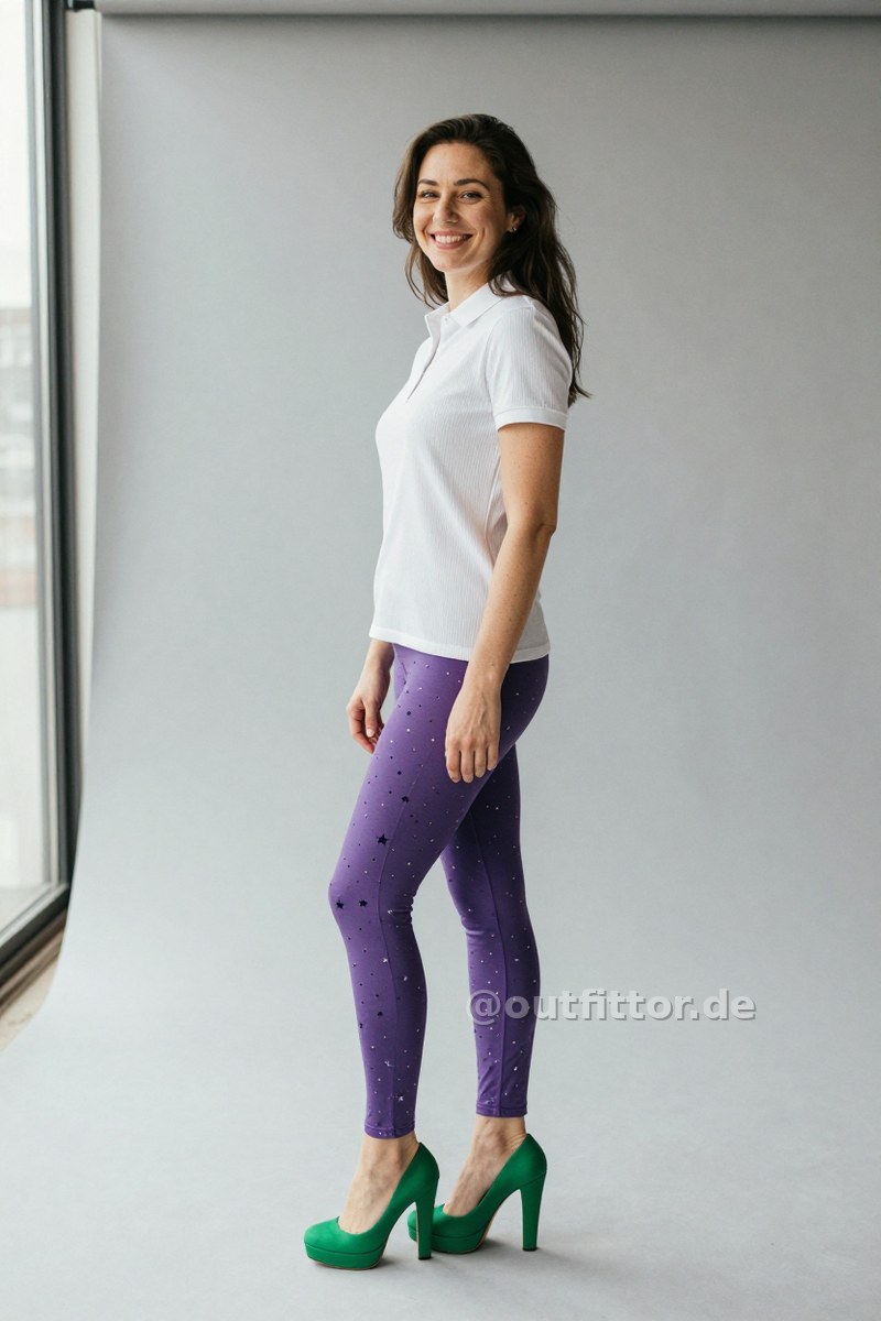 Green synthetic fiber high heels, polo shirt and lilac leggins with stars pattern — Outfit #267