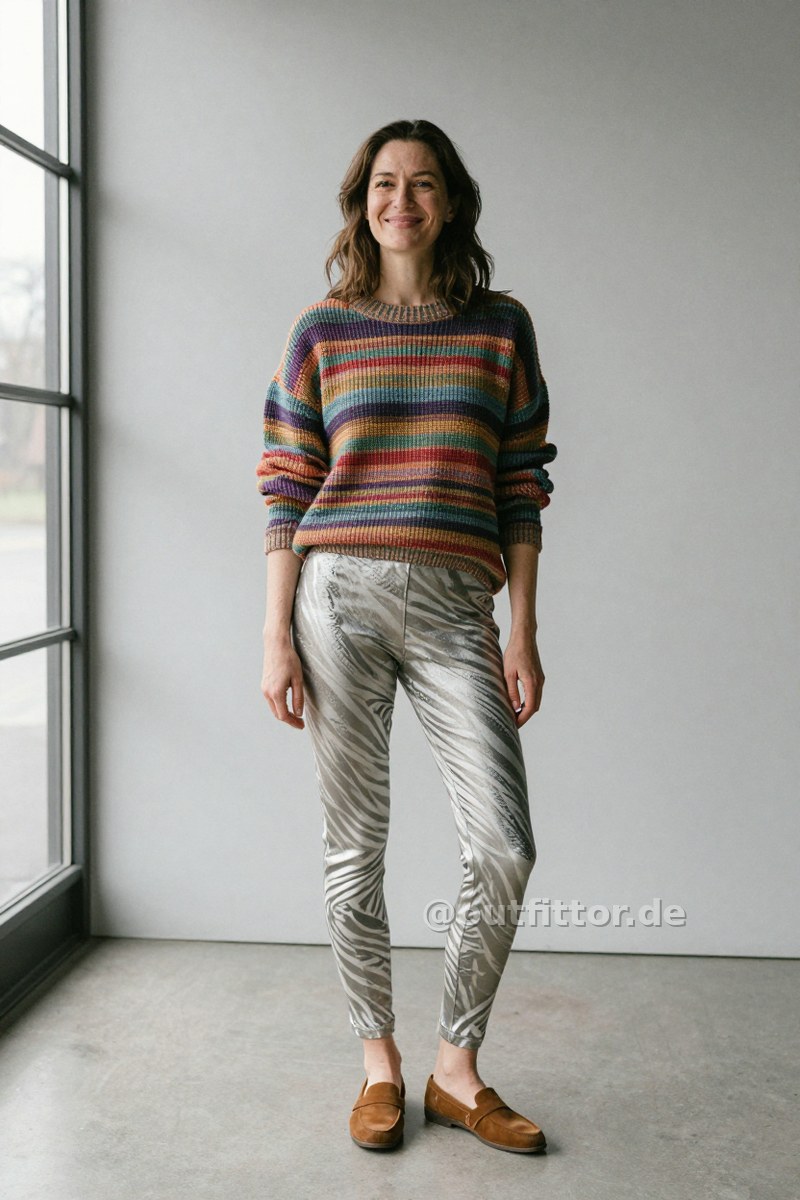Colorful sweater with waffle pattern, silver leggins with zebra print pattern and bronze neoprene loafers — Outfit #368