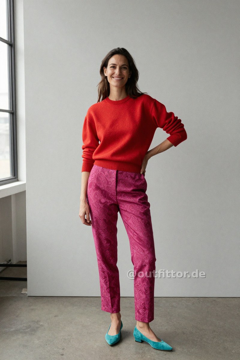 Magenta trousers with ornamental pattern, red sweater with color block pattern and turquoise lambskin shoes — Outfit #269