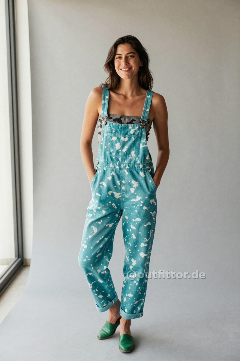 Green smooth leather shoes, grey bustier with camouflage pattern and turquoise overalls with cow print pattern — Outfit #369