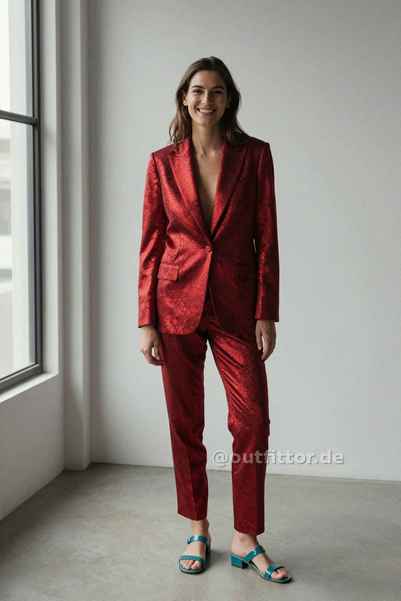 Petrol patent sandals and red tuxedos with metallic pattern — Outfit #371