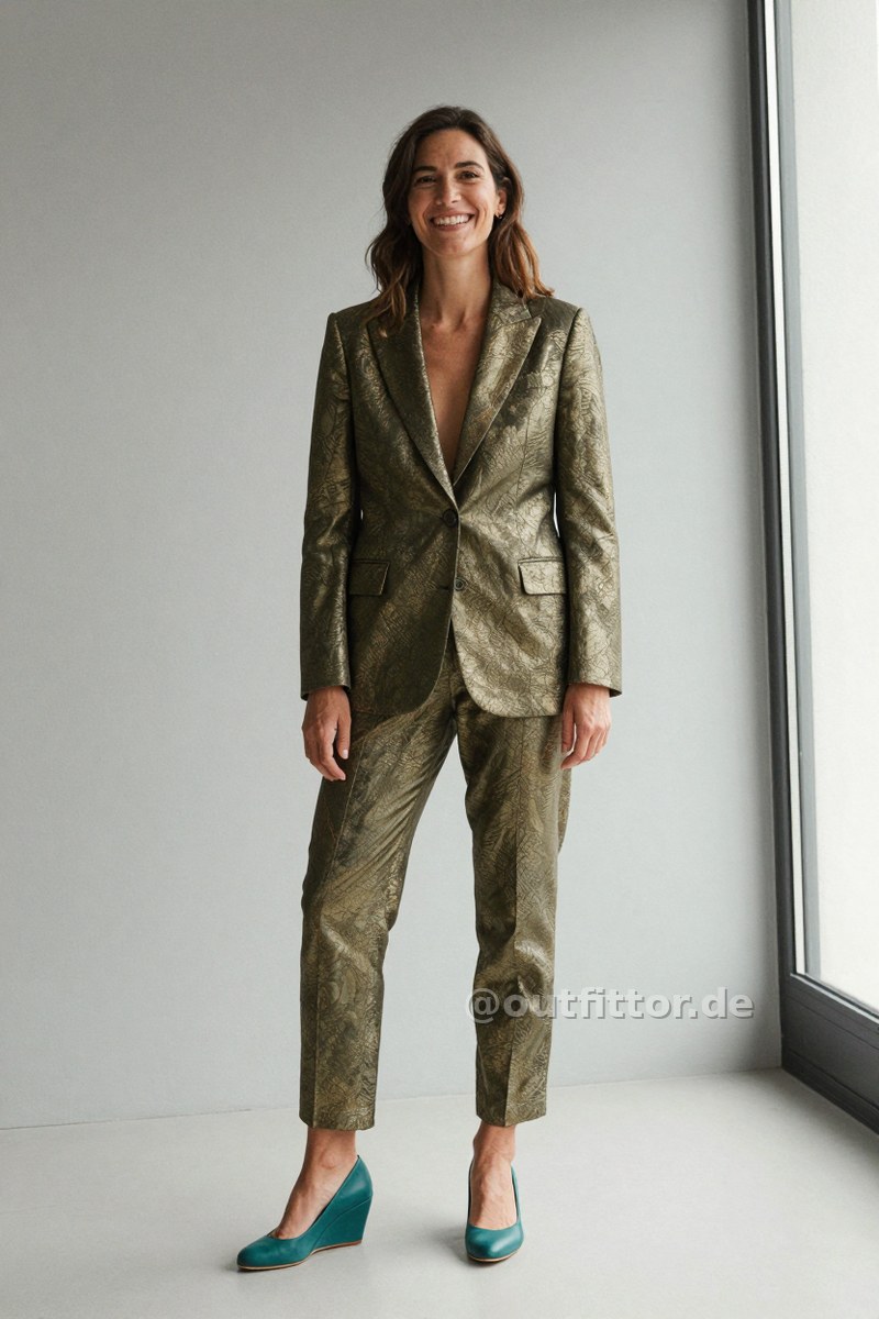 Olive suit with metallic pattern and petrol nappa leather pumps — Outfit #373