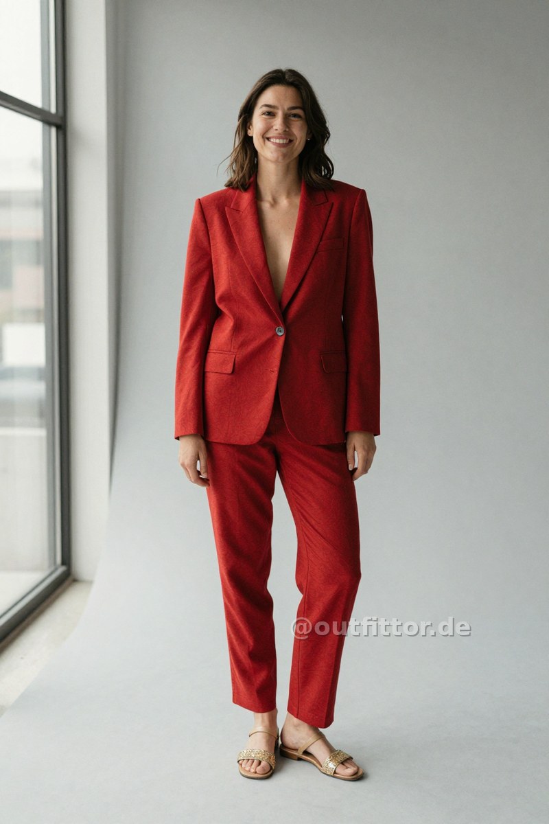Gold sequins sandals and red suit with heather pattern — Outfit #275
