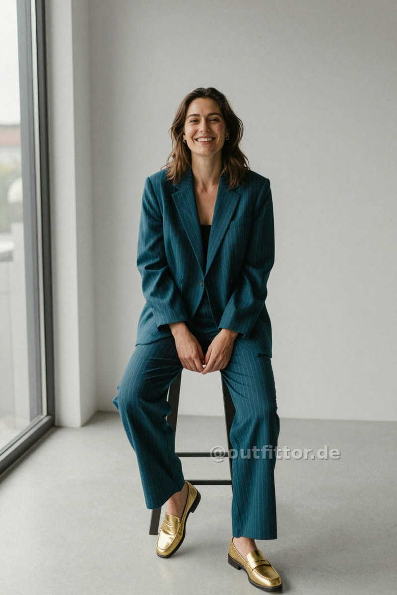 Petrol suit with pinstripe pattern and gold patent loafers — Outfit #276